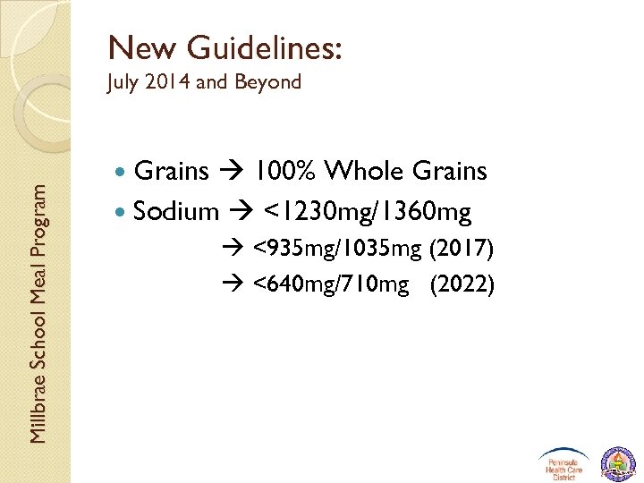 New Guidelines: Millbrae School Meal Program July 2014 and Beyond Grains 100% Whole Grains