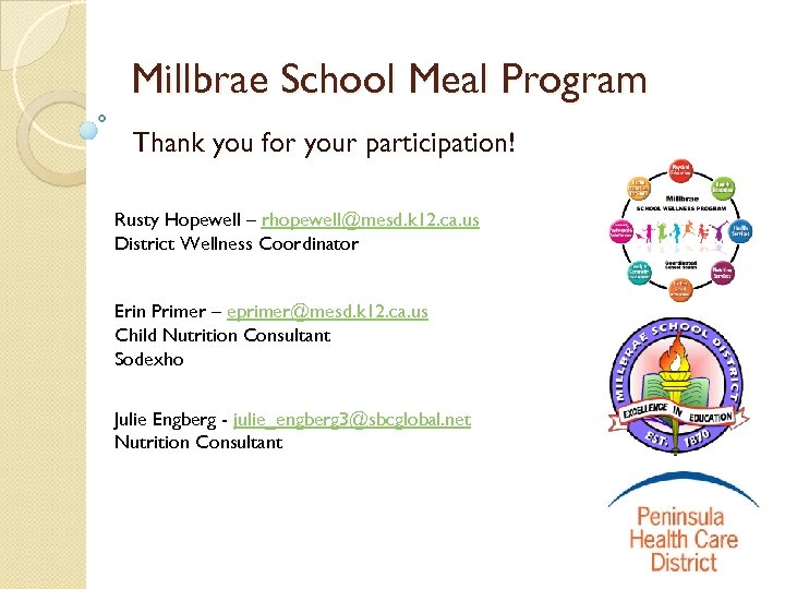 Millbrae School Meal Program Thank you for your participation! Rusty Hopewell – rhopewell@mesd. k