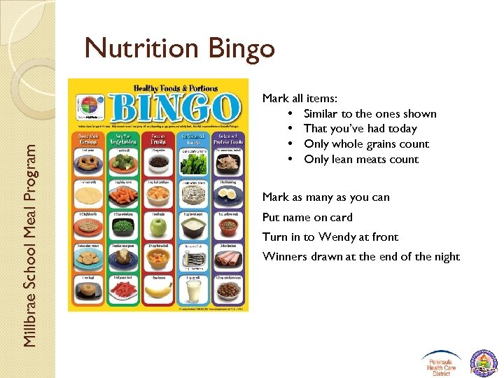 Millbrae School Meal Program Nutrition Bingo Mark all items: • Similar to the ones