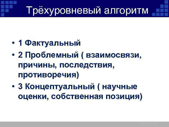 Трёхуровневый алгоритм как эффективный способ подготовки к ЕГЭ по истории • 1 Фактуальный •