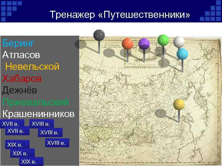 Тренажер «Путешественники» Беринг Атласов Невельской Хабаров Дежнёв Пржевальский Крашенинников XVII в. XVIII в. XIX