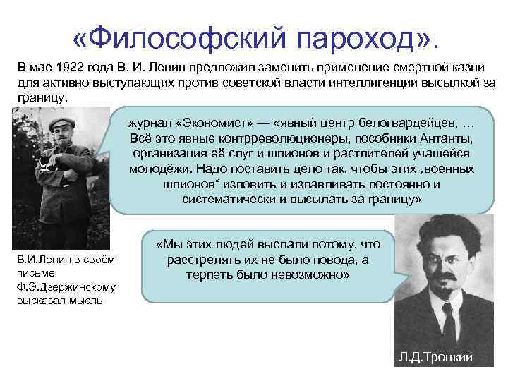  «Философский пароход» . В мае 1922 года В. И. Ленин предложил заменить применение