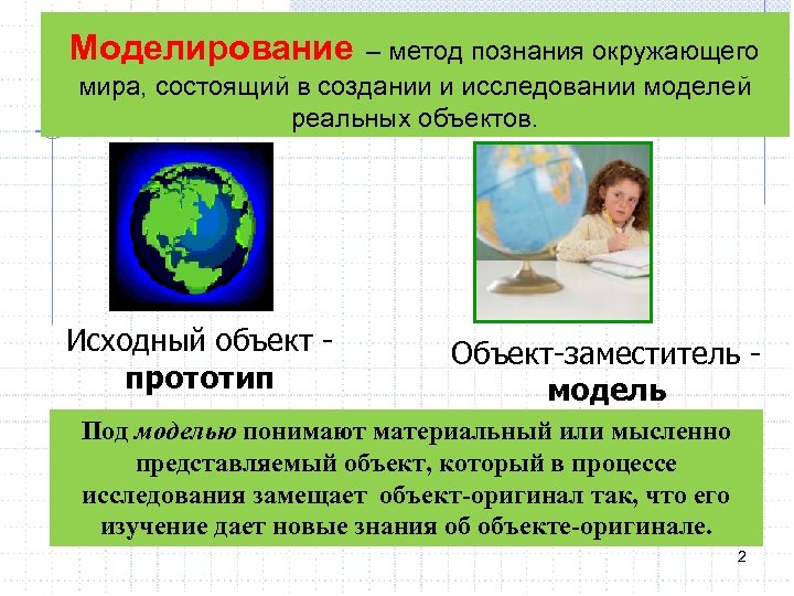 Моделирование – метод познания окружающего мира, состоящий в создании и исследовании моделей реальных объектов.