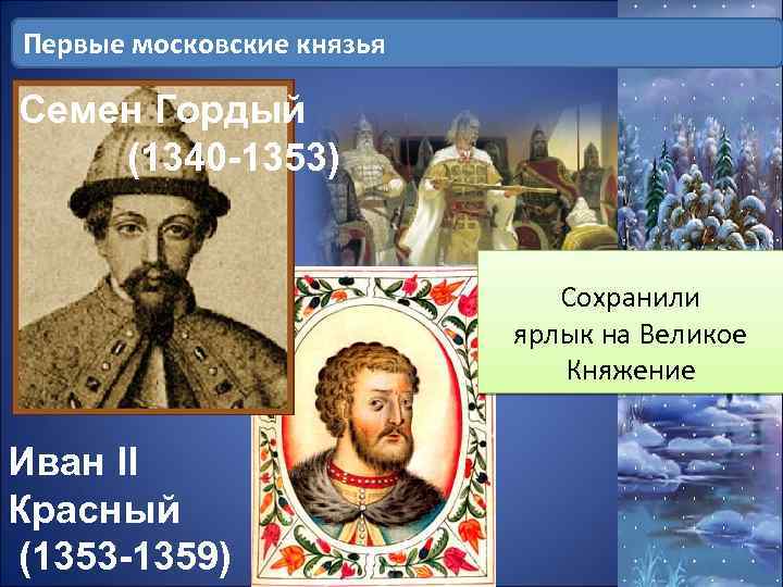 Первые московские князья Семен Гордый (1340 -1353) Сохранили ярлык на Великое Княжение Иван II