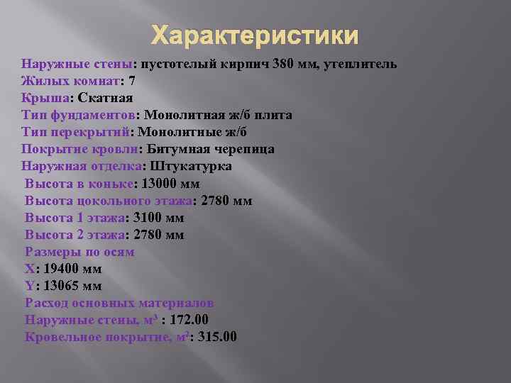 Характеристики Наружные стены: пустотелый кирпич 380 мм, утеплитель Жилых комнат: 7 Крыша: Скатная Тип