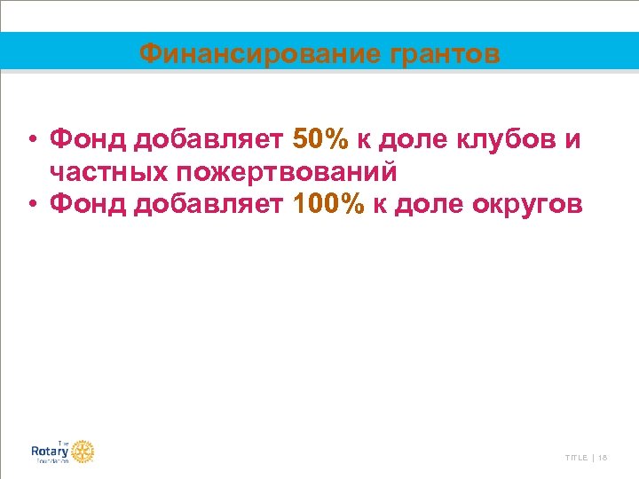 Финансирование грантов • Фонд добавляет 50% к доле клубов и частных пожертвований • Фонд