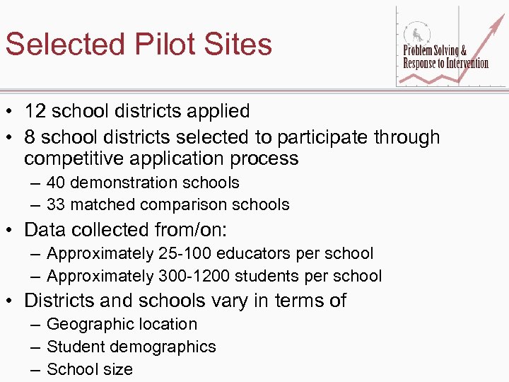 Selected Pilot Sites • 12 school districts applied • 8 school districts selected to