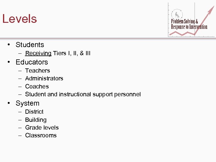 Levels • Students – Receiving Tiers I, II, & III • Educators – –
