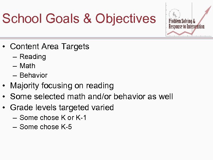 School Goals & Objectives • Content Area Targets – Reading – Math – Behavior