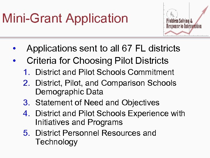 Mini-Grant Application • • Applications sent to all 67 FL districts Criteria for Choosing