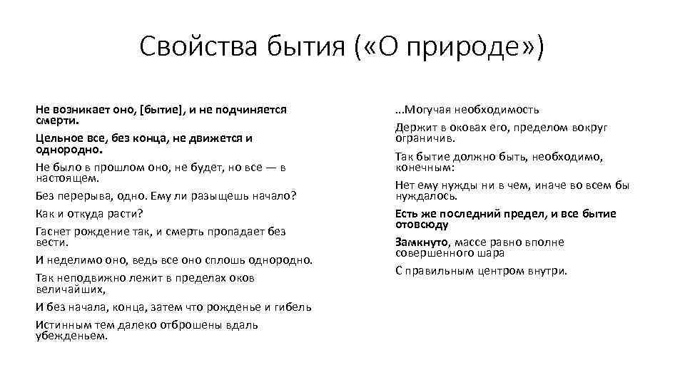 Свойства бытия ( «О природе» ) Не возникает оно, [бытие], и не подчиняется смерти.