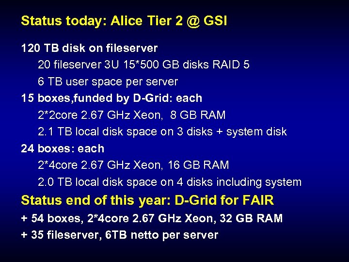 Status today: Alice Tier 2 @ GSI 120 TB disk on fileserver 20 fileserver
