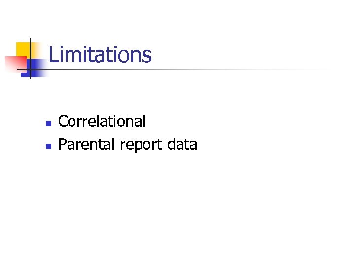 Limitations n n Correlational Parental report data 