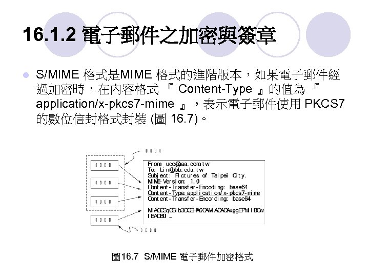 16. 1. 2 電子郵件之加密與簽章 l S/MIME 格式是MIME 格式的進階版本，如果電子郵件經 過加密時，在內容格式 『 Content-Type 』的值為 『 application/x-pkcs