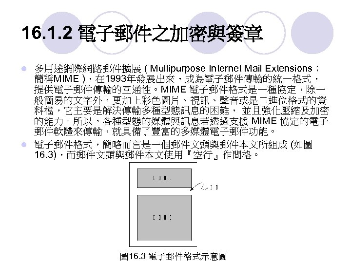 16. 1. 2 電子郵件之加密與簽章 多用途網際網路郵件擴展 ( Multipurpose Internet Mail Extensions； 簡稱MIME )，在 1993年發展出來，成為電子郵件傳輸的統一格式， 提供電子郵件傳輸的互通性。MIME