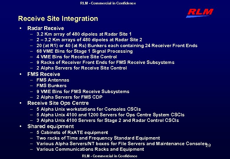 RLM - Commercial in Confidence Receive Site Integration • Radar Receive – – –