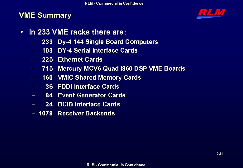RLM - Commercial in Confidence VME Summary • In 233 VME racks there are: