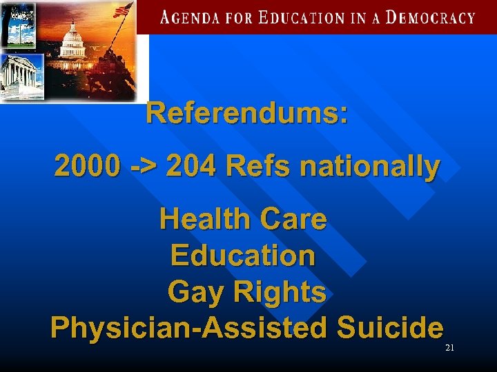 Referendums: 2000 -> 204 Refs nationally Health Care Education Gay Rights Physician-Assisted Suicide 21