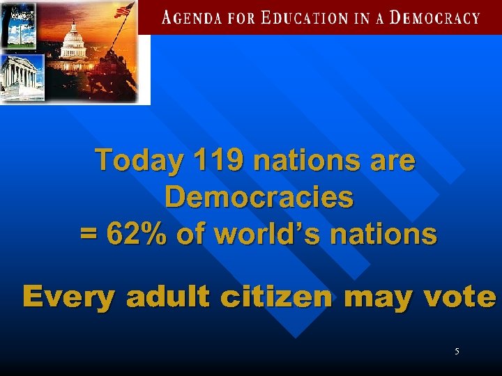 Today 119 nations are Democracies = 62% of world’s nations Every adult citizen may