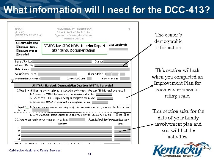 What information will I need for the DCC-413? The center’s demographic information This section