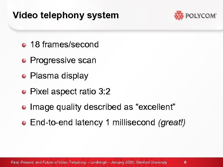 Video telephony system 18 frames/second Progressive scan Plasma display Pixel aspect ratio 3: 2