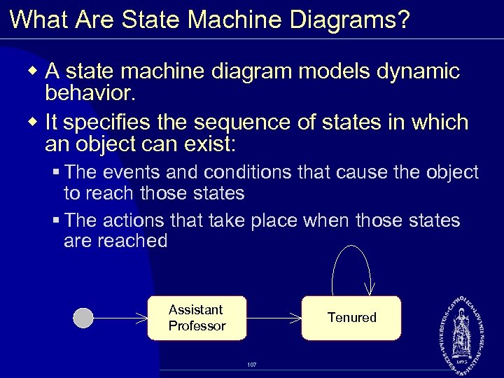 What Are State Machine Diagrams? w A state machine diagram models dynamic behavior. w