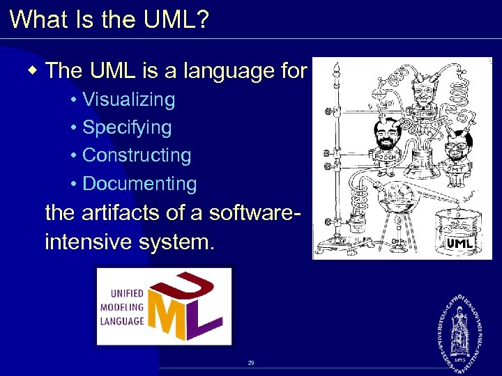 What Is the UML? w The UML is a language for • Visualizing •