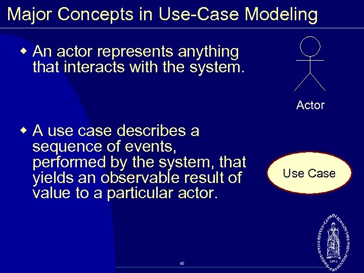 Major Concepts in Use Case Modeling w An actor represents anything that interacts with