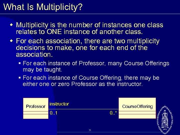 What Is Multiplicity? w Multiplicity is the number of instances one class relates to