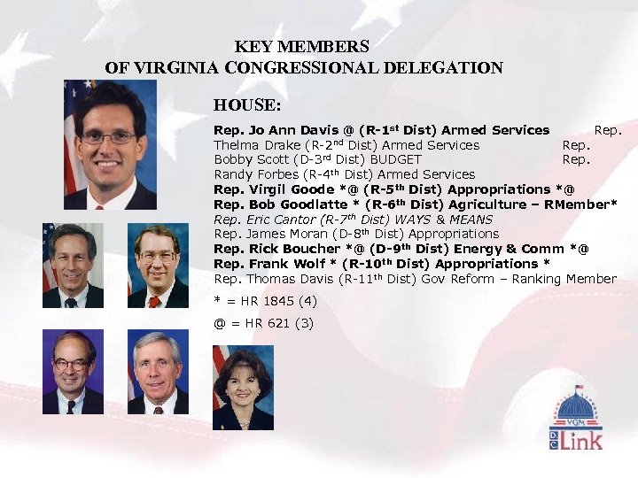 KEY MEMBERS OF VIRGINIA CONGRESSIONAL DELEGATION HOUSE: Rep. Jo Ann Davis @ (R-1 st