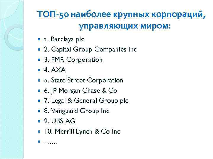 ТОП-50 наиболее крупных корпораций, управляющих миром: 1. Barclays plc 2. Capital Group Companies Inc