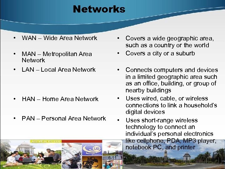 Networks • WAN – Wide Area Network • Covers a wide geographic area, such