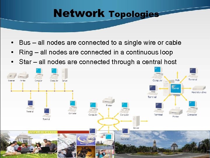 Network Topologies • Bus – all nodes are connected to a single wire or