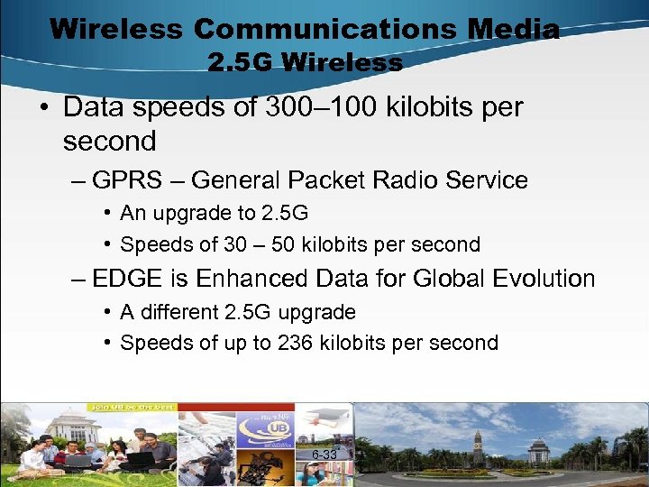 Wireless Communications Media 2. 5 G Wireless • Data speeds of 300– 100 kilobits