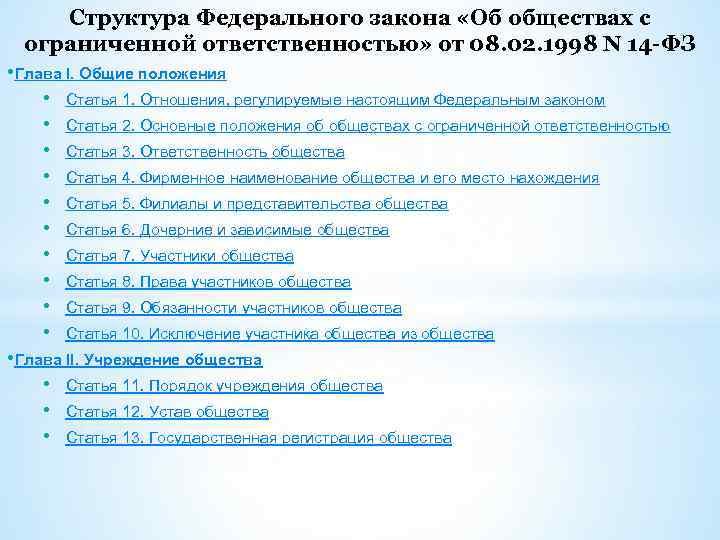 Структура Федерального закона «Об обществах с ограниченной ответственностью» от 08. 02. 1998 N 14