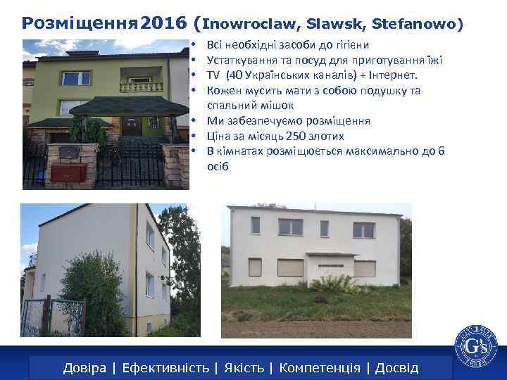 Розміщення 2016 (Inowroclaw, Slawsk, Stefanowo) Всі необхідні засоби до гігієни Устаткування та посуд для