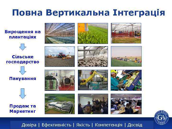 Full Vertical Integration Повна Вертикальна Інтеграція Вирощення на плантаціях Сільське господарство Пакування Продаж та