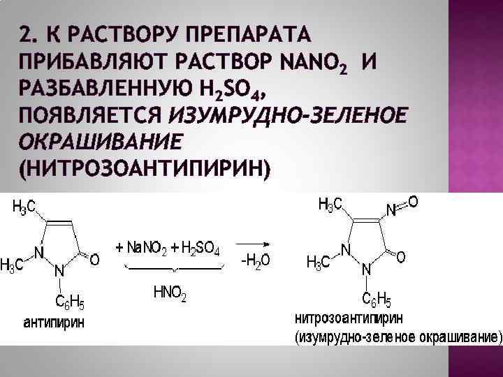 2. К РАСТВОРУ ПРЕПАРАТА ПРИБАВЛЯЮТ РАСТВОР NANO 2 И РАЗБАВЛЕННУЮ H 2 SO 4,