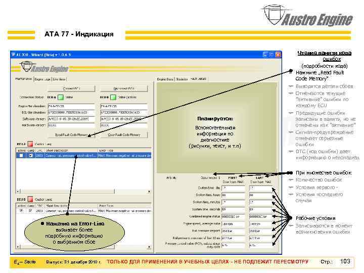 ATA 77 - Индикация n F F Планируется: Вспомогательная информация по диагностике (рисунки, текст,