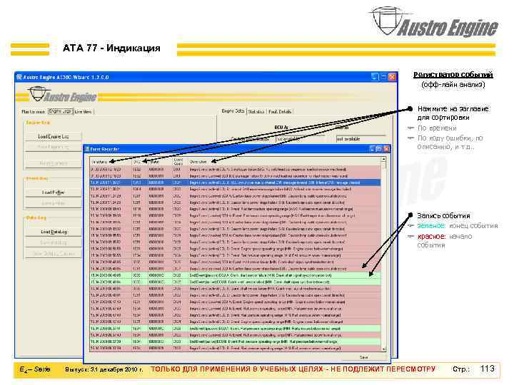 ATA 77 - Индикация Регистратор событий (офф-лайн анализ) n Нажмите на заглавие для сортировки