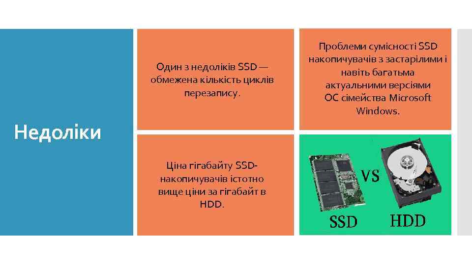 Один з недоліків SSD — обмежена кількість циклів перезапису. Недоліки Ціна гігабайту SSDнакопичувачів істотно