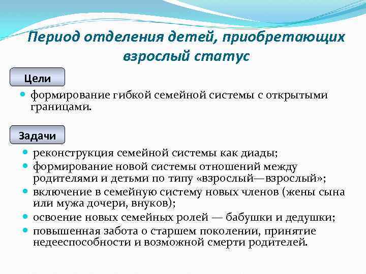 Период отделения детей, приобретающих взрослый статус Цели формирование гибкой семейной системы с открытыми границами.
