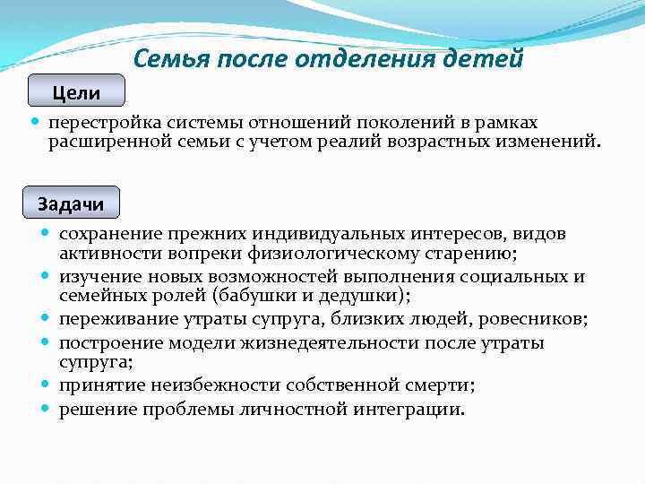 Семья после отделения детей Цели перестройка системы отношений поколений в рамках расширенной семьи с