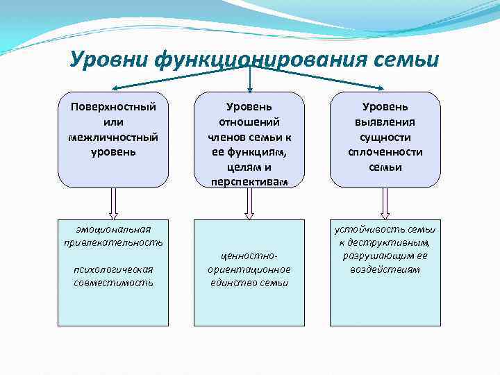 Уровни функционирования семьи Поверхностный или межличностный уровень эмоциональная привлекательность психологическая совместимость Уровень отношений членов