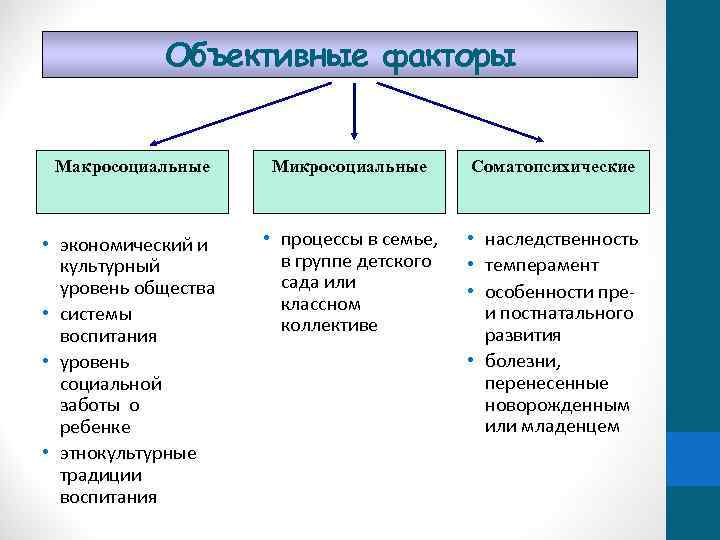 Объективные факторы Макросоциальные Микросоциальные Соматопсихические • экономический и культурный уровень общества • системы воспитания