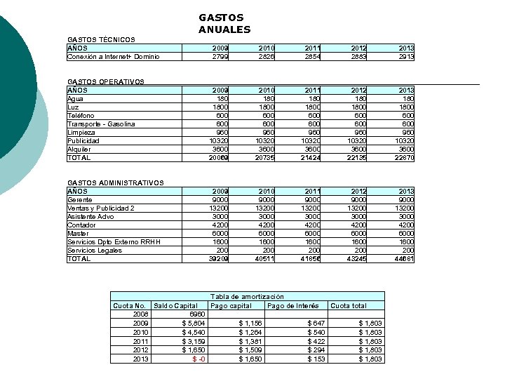 GASTOS ANUALES GASTOS TÉCNICOS AÑOS Conexión a Internet+ Dominio 2009 2799 2010 2826 2011