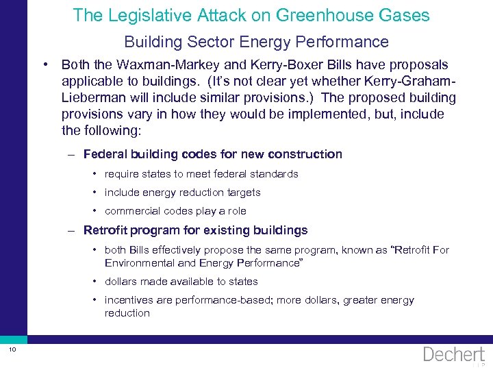 The Legislative Attack on Greenhouse Gases Building Sector Energy Performance • Both the Waxman-Markey