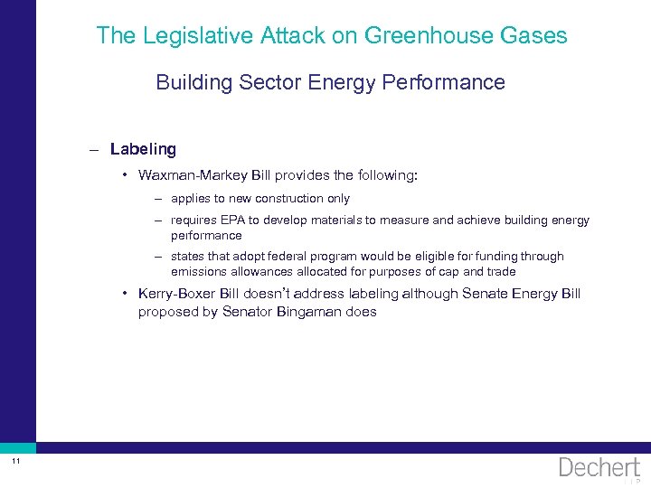 The Legislative Attack on Greenhouse Gases Building Sector Energy Performance – Labeling • Waxman-Markey