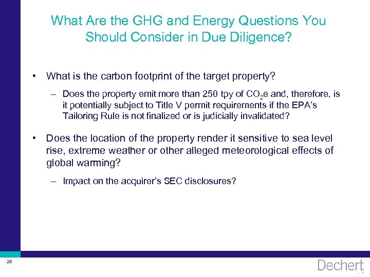 What Are the GHG and Energy Questions You Should Consider in Due Diligence? •