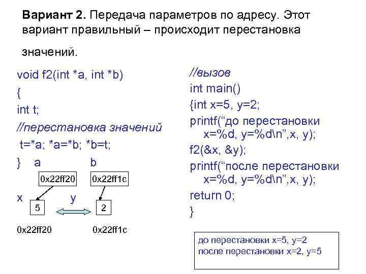 Вариант 2. Передача параметров по адресу. Этот вариант правильный – происходит перестановка значений. void